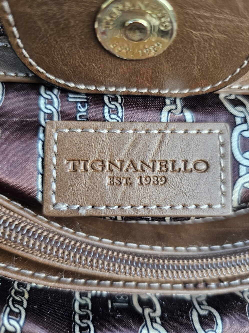 Tignanello Olive Green Leather Satchel with Brown Handles - Picture 6 of 6